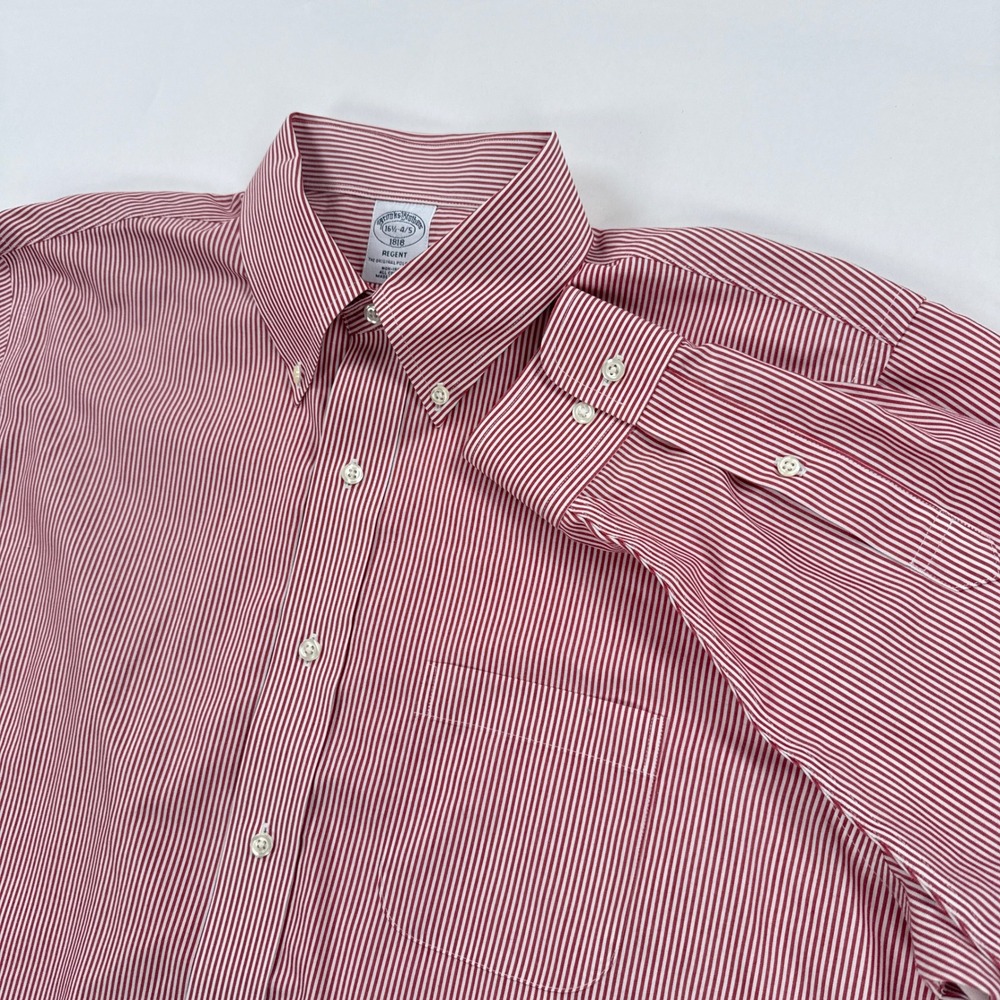 Brooks Brothers Mens Dress Shirt 16.5 4/5 Red Stripe Regent Fit Non Iron Button